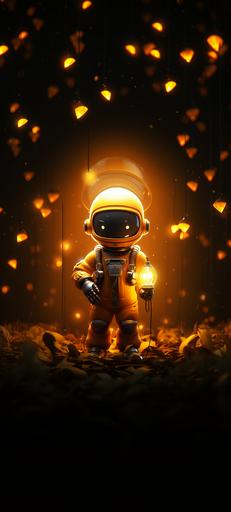 cute astronaut holding a light bulb, Pixar style, cartoon, minimal, unreal engine 5, cinematic, beautiful, dark yellow gradient background, beautiful wallpaper, minimal wallpaper --ar 9:20 --s 250