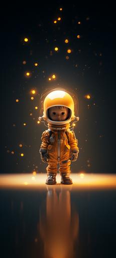 cute astronaut holding a light bulb, Pixar style, cartoon, minimal, unreal engine 5, cinematic, beautiful, dark yellow gradient background, beautiful wallpaper, minimal wallpaper --ar 9:20 --s 250