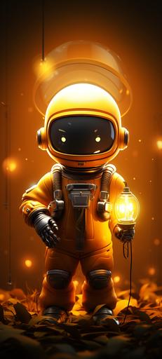 cute astronaut holding a light bulb, Pixar style, cartoon, minimal, unreal engine 5, cinematic, beautiful, dark yellow gradient background, beautiful wallpaper, minimal wallpaper --ar 9:20 --s 250