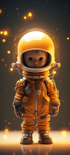 cute astronaut holding a light bulb, Pixar style, cartoon, minimal, unreal engine 5, cinematic, beautiful, dark yellow gradient background, beautiful wallpaper, minimal wallpaper --ar 9:20 --s 250