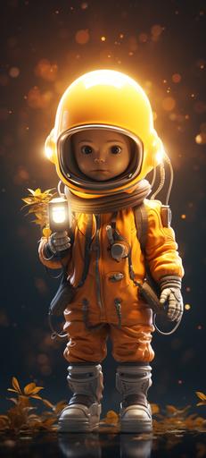 cute astronaut holding a light bulb, Pixar style, cartoon, minimal, unreal engine 5, cinematic, beautiful, dark yellow gradient background, beautiful wallpaper, minimal wallpaper --ar 9:20 --s 250