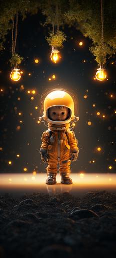 cute astronaut holding a light bulb, Pixar style, cartoon, minimal, unreal engine 5, cinematic, beautiful, dark yellow gradient background, beautiful wallpaper, minimal wallpaper --ar 9:20 --s 250