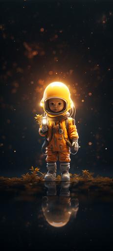 cute astronaut holding a light bulb, Pixar style, cartoon, minimal, unreal engine 5, cinematic, beautiful, dark yellow gradient background, beautiful wallpaper, minimal wallpaper --ar 9:20 --s 250