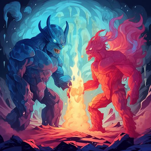 hot vs cold, ice giant and a fire demon, cartoon like the original 80s my little pony