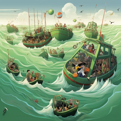 rising tide lifting boats to safety. In Leonarde Le Genie cartoon style. People celebrating on the boats as the rising tide saves them. Floating over the water is a green infinity loops that is lifting the tide.
