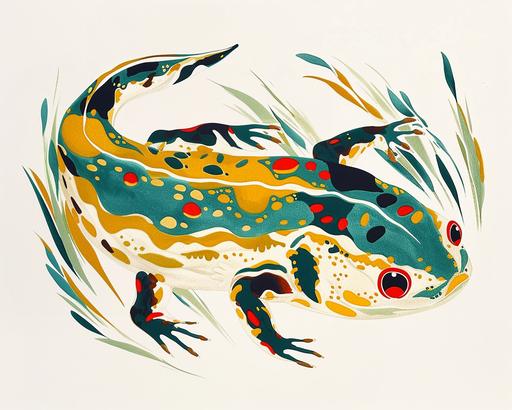 risograph, axlotl amphibian painted by Maud Lewis, very cute snake, simple, clear design, abstract simple lines, illustration, Picasso, Multi-color, advanced color matching, white background, minimalist --v 6.0 --ar 5:4