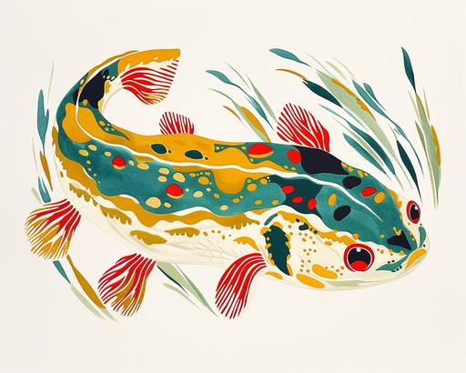 risograph, axlotl amphibian painted by Maud Lewis, very cute snake, simple, clear design, abstract simple lines, illustration, Picasso, Multi-color, advanced color matching, white background, minimalist --ar 5:4 --v 6.0