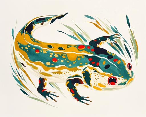 risograph, axlotl amphibian painted by Maud Lewis, very cute snake, simple, clear design, abstract simple lines, illustration, Picasso, Multi-color, advanced color matching, white background, minimalist --v 6.0 --ar 5:4