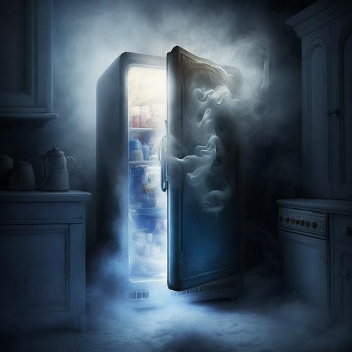 old blue refrigerator, with the door open, a white light with smoke coming out