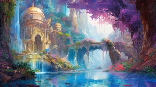 rivendell, elf palace with water, fantasy world, bright color, pastel, oil painting, brush strokes --ar 16:9