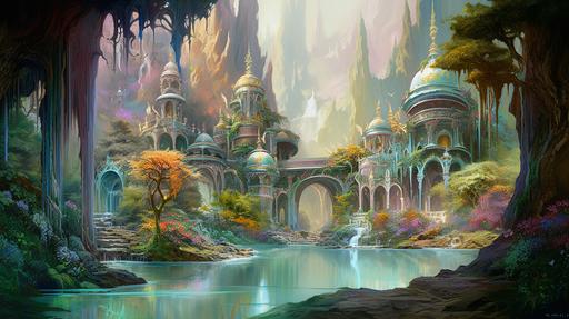 rivendell, elf palace with water, fantasy world, bright color, pastel, oil painting, brush strokes --ar 16:9