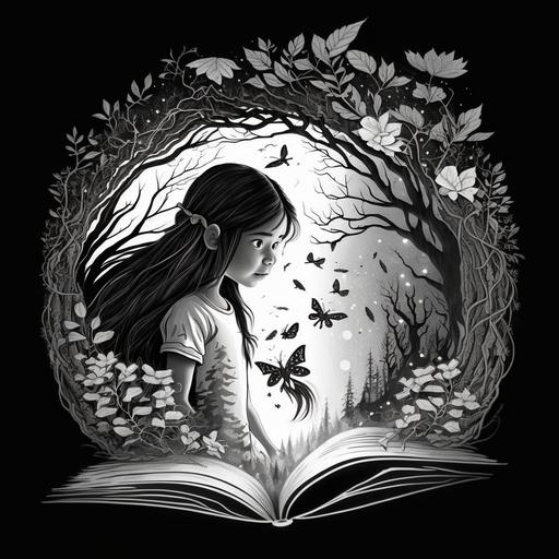 B&W children's book cover, young girl with dark hair, a magical book at the center of the page with a world growing from the pages with an enchanted forest, a knight and flying fairies --v 4