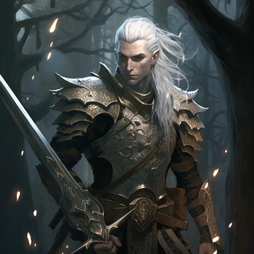 A wood Elf with an ornate longsword and shield. White hair mohawk. At night.
