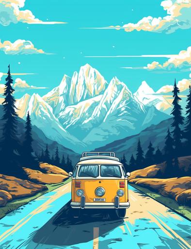 road trip cover page 8k resolution, cartoon style bus, road signs, mountains, beautiful scenery, --ar 850:1100 --s 750