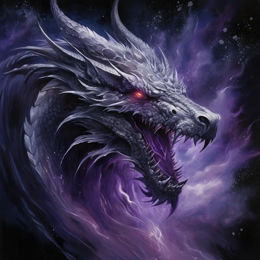 roaring dragon head in shades of purple and silver breathing black and silver fire against a smoky background