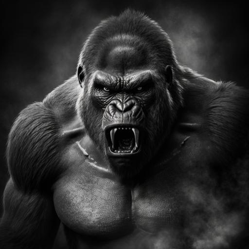 roaring gorilla looking towards camera, greyscale, ultra realistic