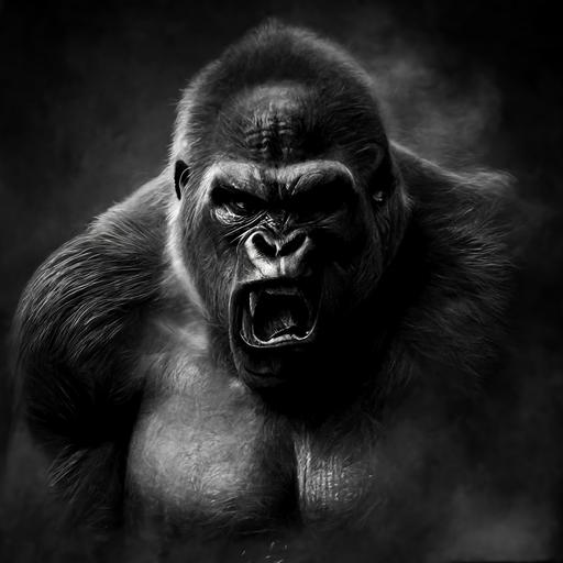 roaring gorilla looking towards camera, greyscale, ultra realistic