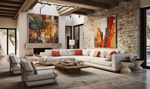 modern spanish interior, natural light stone walls, living room with kitchen, a lot of sun, light colours, modern itelian sofas, abstract painting on the wall, wooden ceiling, wooden truss, floor spanish tiles, abstract painting --ar 5:3