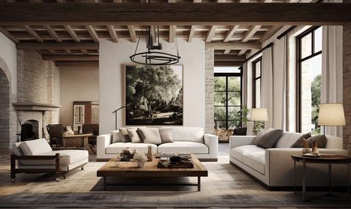 modern spanish interior, natural light stone walls, living room with kitchen, a lot of sun, light colours, modern itelian sofas, abstract painting on the wall, wooden ceiling, wooden truss, floor spanish tiles, painting with horses in black and white, a lot of details --ar 5:3