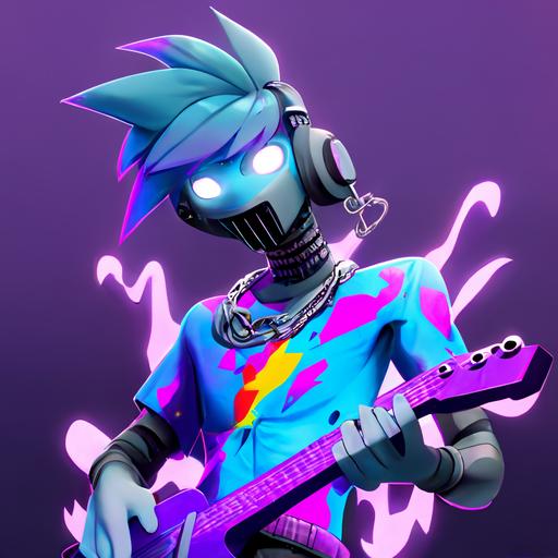 robot character wearing black pants and purple necklace and tie-dye lighting bolt t-shirt cool stylistic anime design with blue lonesome cowboy hair playing an electric guitar passionately ultra realistic --niji 4