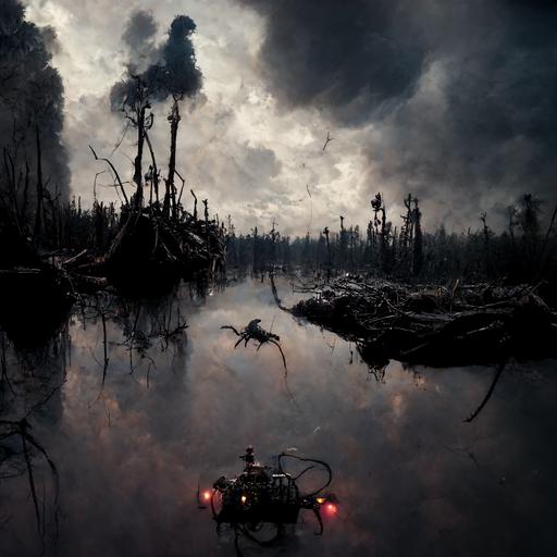 robot flying animal in a dark swamp fighting aliens, photorealistic, cinematic, dramatic, 8k,