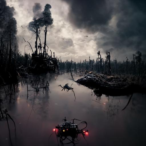 robot flying animal in a dark swamp fighting aliens, photorealistic, cinematic, dramatic, 8k,