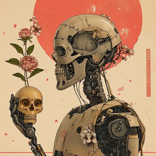 robot holding a skull with a flower growing out of its head like in the photo but in the style of a Japanese inspired art drawing --v 6.0