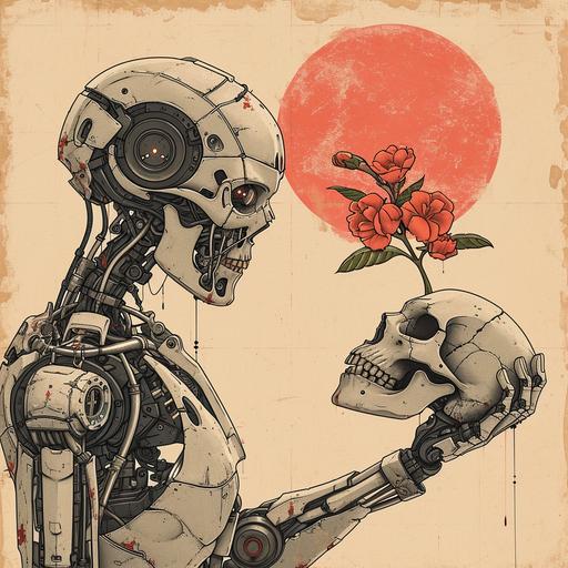 robot holding a skull with a flower growing out of its head like in the photo but in the style of a Japanese inspired art drawing --v 6.0