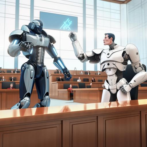 robot lawyer and human lawyer fighting in a courtroom, super realistic, cartoon, manga, ar 16:9 --v 5