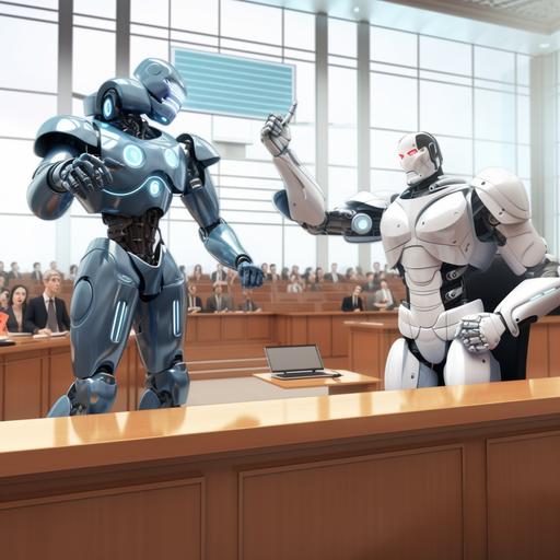 robot lawyer and human lawyer fighting in a courtroom, super realistic, cartoon, manga, ar 16:9 --v 5