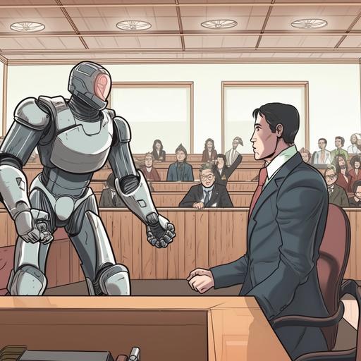 robot lawyer and human lawyer fighting in a courtroom, super realistic, cartoon, manga, ar 16:9 --v 5