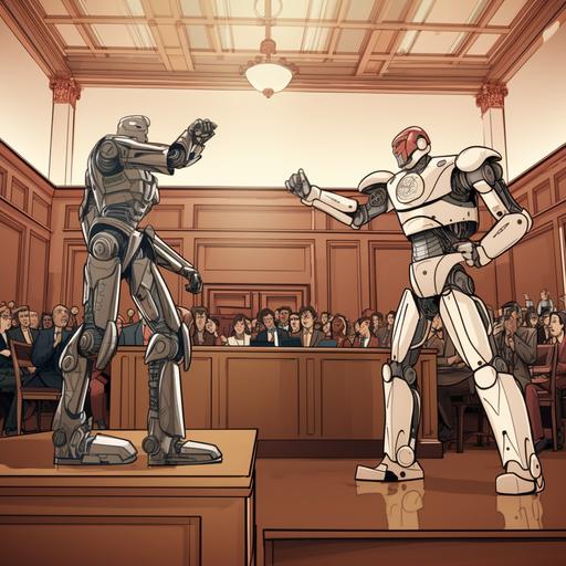 robot lawyer and human lawyer fighting in a courtroom, super realistic, cartoon, manga, ar 16:9 --v 5