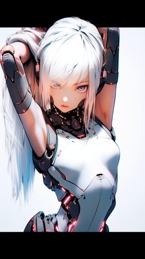 robotech asian female model with long white hair, neon eye makeup, japan letters, glowing implants on the skin, pink lens flare, focus on the face, ultra realistic skin, high detail, futuristic sci-fi, volumetric light, trending on artstation --ar 9:16 --niji