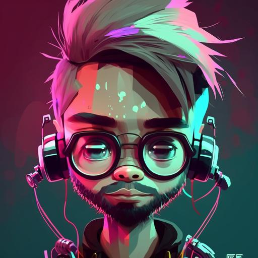 robotic profile picture, solid colors, cyber punk, big eyes, glasses, cartoon