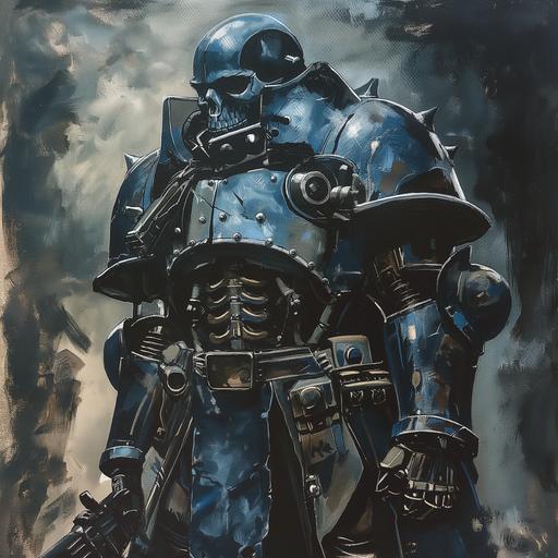 robotic suit of midevil plate armor, in the style of Neal Adams, skull helmet, skull, dark steel, navy blue, blue fabric, tabbard, cannons, weapons, animated armor, black metal, comic book, comic, fantasy, dnd, vivid colors --v 6.0