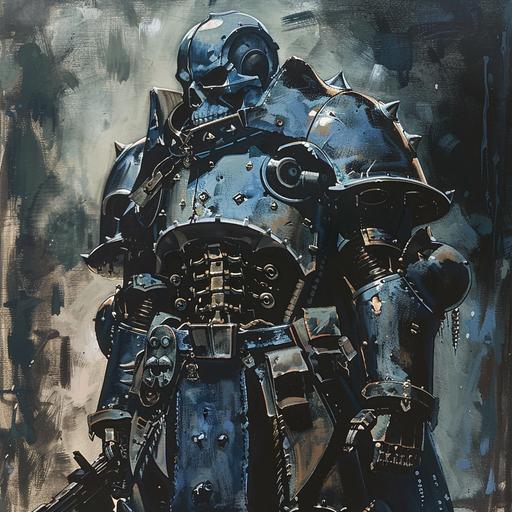 robotic suit of midevil plate armor, in the style of Neal Adams, skull helmet, skull, dark steel, navy blue, blue fabric, tabbard, cannons, weapons, animated armor, black metal, comic book, comic, fantasy, dnd, vivid colors --v 6.0