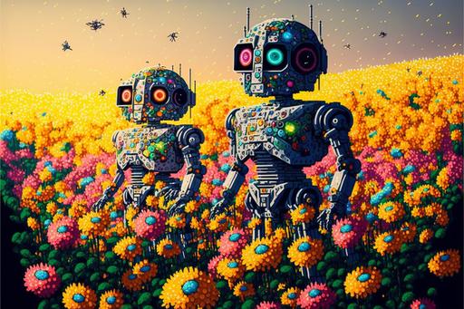 robots in a flower field | multicolor dot drawing made of a million single dots, 8K HQ LED light | --v 4 --ar 3:2