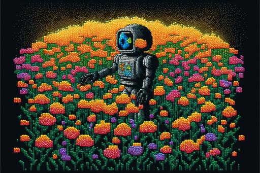 robots in a flower field | multicolor dot drawing made of a million single dots, 8K HQ LED light | --v 4 --ar 3:2