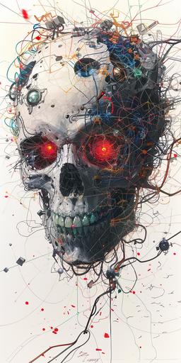 a geodesic drawing of a stainless steel skull with many multicolored wires and wires, beautiful anime artwork, wlop, incandescent plasma : :, robotic head, otomo manga, mechanisms, computer art, skulls are lying underneath, detailed human face, japanese illustrator, iridescent cybernetic processor, hyper detailed faces, human : - 2 --v 6.0 --ar 1:2