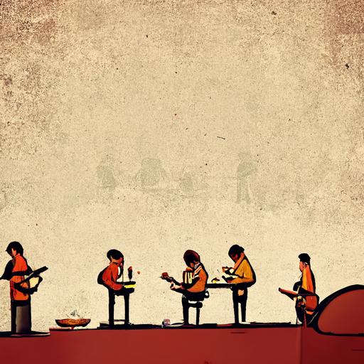 rock band eats lunch, cartoon