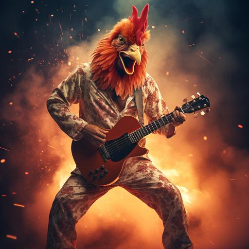 rock star wearing a fire chicken onesie