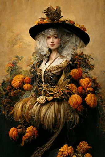 rococo autumnal marie antoinette; harvest costume, gigantic wig with autumn leaves, portrait Painting by Francois Hubert Drouais --ar 4:6