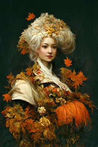 rococo autumnal marie antoinette; harvest costume, gigantic wig with autumn leaves, portrait Painting by Francois Hubert Drouais --ar 4:6