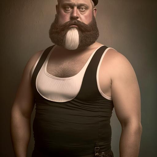 rococo style, big burly man beard in black rubber wife beater looking into cam --v 4 --q 2