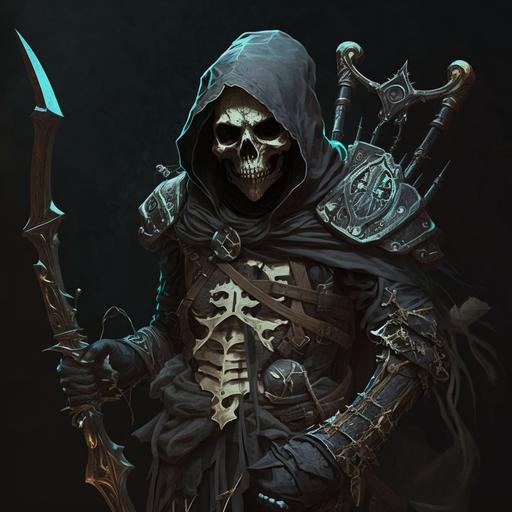 rogue skeleton in heavy black clothing, wearing daggers, light crossbow, pouches, backpack, medieval, RPG, with small moon phase symbol on clothing.