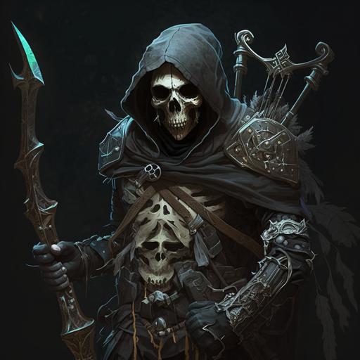 rogue skeleton in heavy black clothing, wearing daggers, light crossbow, pouches, backpack, medieval, RPG, with small moon phase symbol on clothing.