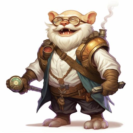 roguelike dnd, male old smiling bear with goblin ears cleric, white background, glasses, standing on a hoverboard, by alan smith, steve youll, miyazaki ar 4:5