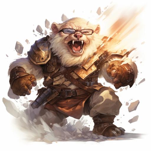 roguelike dnd, male old smiling bear with goblin ears cleric, smashing the ground with giant fantasy war hammer powerful explosion, white background, glasses, bulky shiny armor, by alan smith, steve youll, miyazaki ar 4:5