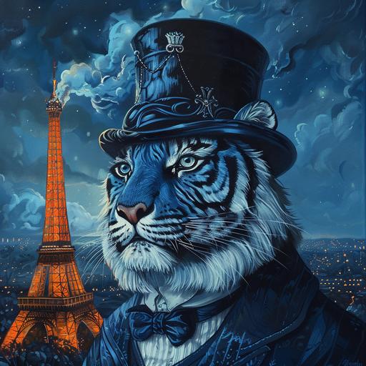 blue tiger top hat mustach eifel tower in background