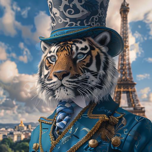 blue tiger top hat mustach eifel tower in background realistic 3d dept of field